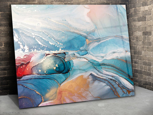 Blue Orange Glass Wall Decor Tempered Glass Wall Art, Marble Pattern Gift Fluid Glass Abstract Pattern Glass Abstract Art Glass Art