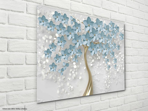 Glass Wall Art Prints Blue Flowers UV Printing Glass Art Decor