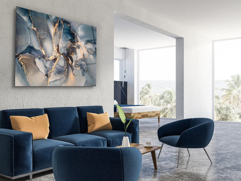 Glass Wall Art Gift, Housewarming italian art glass Tempered Glass Art Blue Gray Abstract Fluid Marble Glass Art Glass Printing