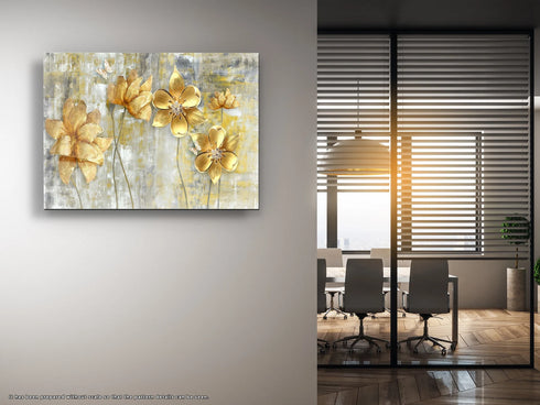Golden Flowers Glass Wall Art Large Wall Decor Housewarming Gift Glass Art Modern Tempered Glass