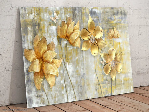 Golden Flowers Glass Wall Art Large Wall Decor Housewarming Gift Glass Art Modern Tempered Glass