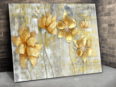 Golden Flowers Glass Wall Art Large Wall Decor Housewarming Gift Glass Art Modern Tempered Glass