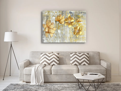 Golden Flowers Glass Wall Art Large Wall Decor Housewarming Gift Glass Art Modern Tempered Glass